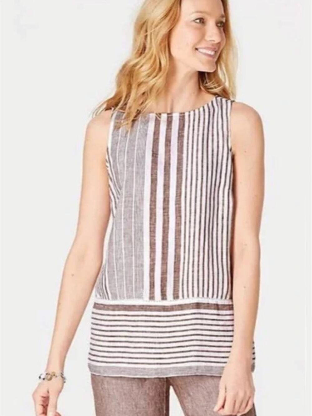Women J Jill White Brown Stripe Linen Top XL Scandi Minimalist Lagenlook Beach